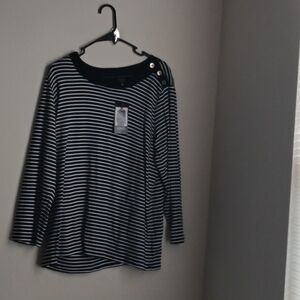 Jones New York Blouse Women XL Black and White Striped Long Sleeve Top Coastal